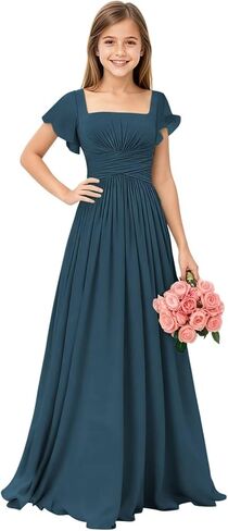 Square Neck Junior Bridesmaid Dresses Long Pleated Chiffon Girls Formal Dress Evening Gown with Sleeves in Saudi Arabia