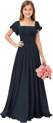 Square Neck Junior Bridesmaid Dresses Long Pleated Chiffon Girls Formal Dress Evening Gown with Sleeves in Saudi Arabia
