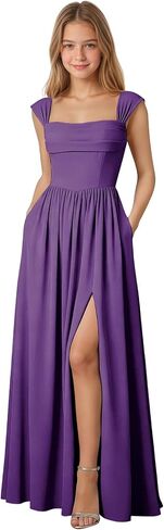 Junior Bridesmaid Dresses Square Neck Chiffon Prom Dresses for Teens A Line Girls Formal Party Dress with Slit in Kuwait