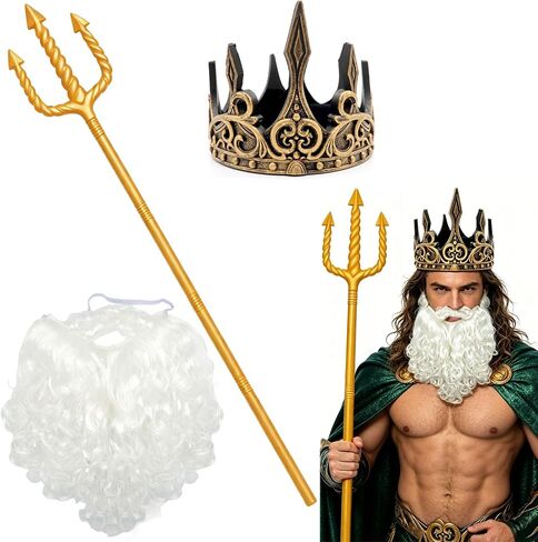 3 Pcs Sea King Costume Set Plastic Trident Gold King Crowns and White Beard, Halloween Cosplay Costume Accessory for Men in Kuwait