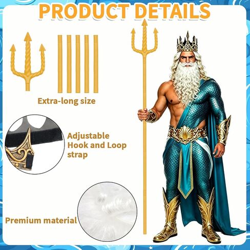 3 Pcs Sea King Costume Set Plastic Trident Gold King Crowns and White Beard, Halloween Cosplay Costume Accessory for Men in Kuwait