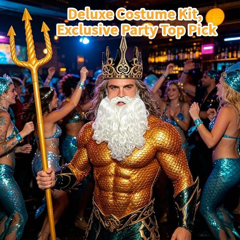 3 Pcs Sea King Costume Set Plastic Trident Gold King Crowns and White Beard, Halloween Cosplay Costume Accessory for Men in Kuwait