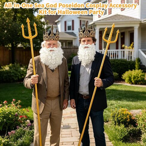 3 Pcs Sea King Costume Set Plastic Trident Gold King Crowns and White Beard, Halloween Cosplay Costume Accessory for Men in Kuwait