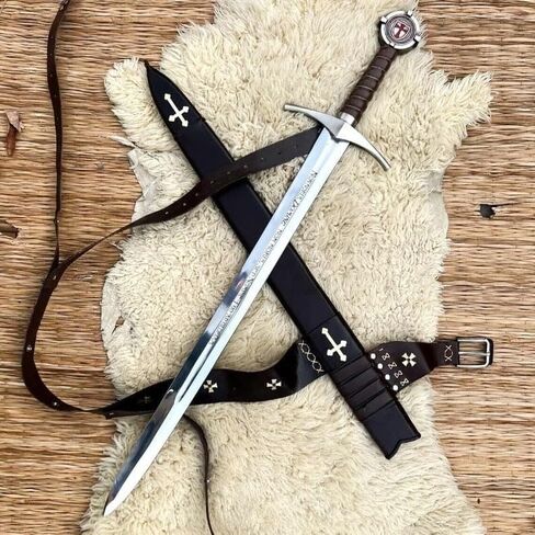 Accolades Sword of Knights Templar 38-inches Full-Tang Blood |Grooves High Polish Carbon Steel| Sharpe with Scabbard Storage| Replica Medieval Crusader Templar Sword, Leather-Wrapped Grip Replica in Saudi Arabia