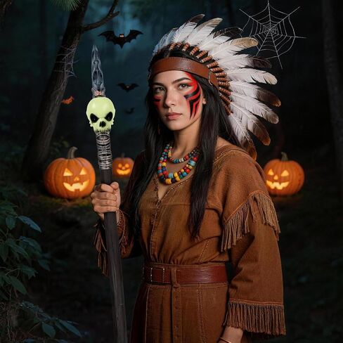 Indian Stone Spear Prop,Plastic Native American Costume with Skull Feather Voodoo Accessory,Halloween Cosplay Party Brown in Saudi Arabia