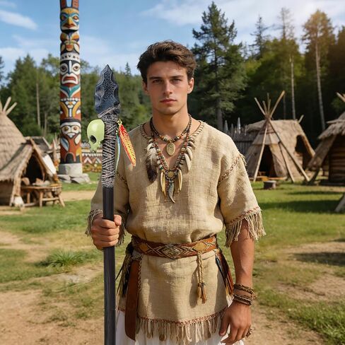 Indian Stone Spear Prop,Plastic Native American Costume with Skull Feather Voodoo Accessory,Halloween Cosplay Party Brown in Saudi Arabia