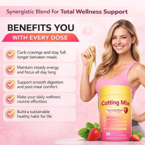 Cutting Drink Mix, Daily Wellness Support with 5-HTP, Yerba Mate & Prebiotic Fiber, Sugar Free Drink Mix Powder Sticks, Flavored Water Mix with Electrolytes, Strawberry Flavor – 30 Servings in Kuwait