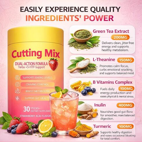 Cutting Drink Mix, Daily Wellness Support with 5-HTP, Yerba Mate & Prebiotic Fiber, Sugar Free Drink Mix Powder Sticks, Flavored Water Mix with Electrolytes, Strawberry Flavor – 30 Servings in Kuwait