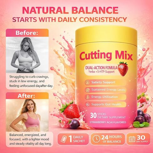 Cutting Drink Mix, Daily Wellness Support with 5-HTP, Yerba Mate & Prebiotic Fiber, Sugar Free Drink Mix Powder Sticks, Flavored Water Mix with Electrolytes, Strawberry Flavor – 30 Servings in Kuwait