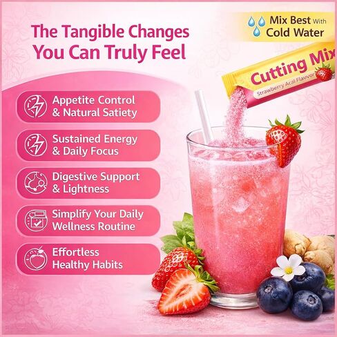 Cutting Drink Mix, Daily Wellness Support with 5-HTP, Yerba Mate & Prebiotic Fiber, Sugar Free Drink Mix Powder Sticks, Flavored Water Mix with Electrolytes, Strawberry Flavor – 30 Servings in Kuwait