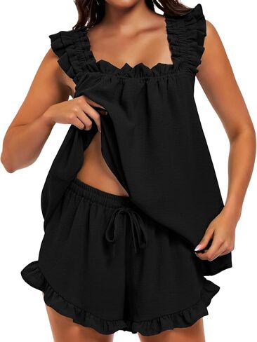 SIMIYA Pajama for Women Set 2 Piece Ruffle Pj Soft Tank Top and Shorts Bridal Pajamas Lightweight Summer Cute Sleepwear Shirt in Saudi Arabia
