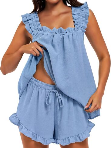 SIMIYA Pajama for Women Set 2 Piece Ruffle Pj Soft Tank Top and Shorts Bridal Pajamas Lightweight Summer Cute Sleepwear Shirt in Saudi Arabia
