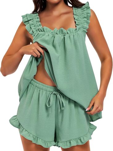 SIMIYA Pajama for Women Set 2 Piece Ruffle Pj Soft Tank Top and Shorts Bridal Pajamas Lightweight Summer Cute Sleepwear Shirt in Saudi Arabia