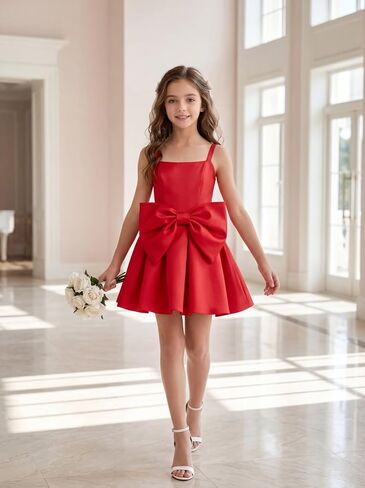 Satin Flower Girl Dress with Bow Backless Princess Pageant Dresses for Girls First Communion Dress Prom Ball Gowns in Saudi Arabia