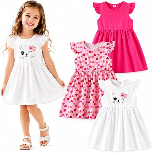 3-Pack Girls Cute Dress Toddler Girls Bow Dresses Casual Party Print Skater A-line Dress Sundress in Saudi Arabia