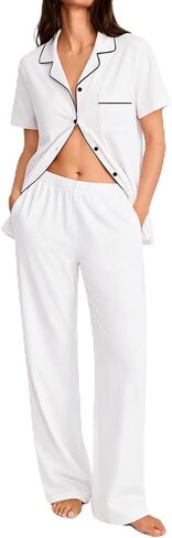 SWOMOG 100% Cotton Women Pajamas Set 2PCS Button Down Pjs Print Soft Lounge Short Sleeve Tops and Long Pants with Pocket in Kuwait
