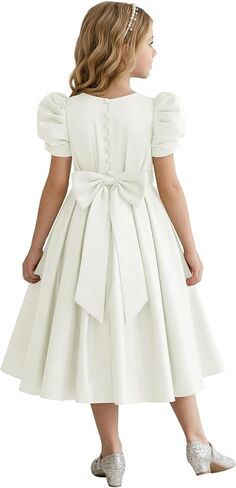Puff Sleeve Flower Girl Dresses Wedding Satin Princess Pageant Dress Bow-Knot Midi Length First Communion Dress in Kuwait
