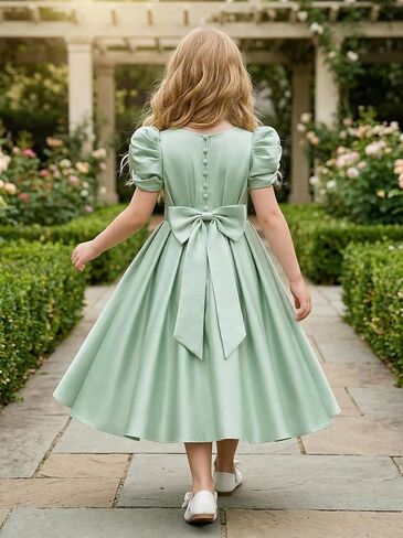 Puff Sleeve Flower Girl Dresses Wedding Satin Princess Pageant Dress Bow-Knot Midi Length First Communion Dress in Kuwait