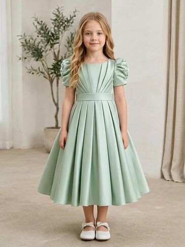 Puff Sleeve Flower Girl Dresses Wedding Satin Princess Pageant Dress Bow-Knot Midi Length First Communion Dress in Kuwait