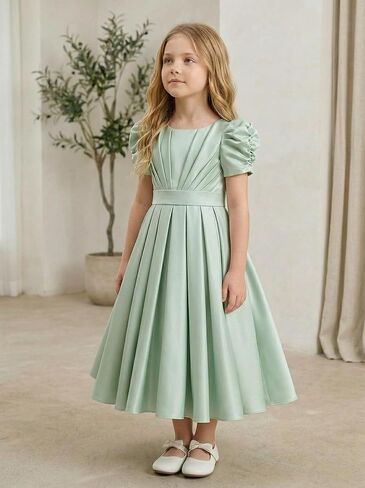 Puff Sleeve Flower Girl Dresses Wedding Satin Princess Pageant Dress Bow-Knot Midi Length First Communion Dress in Kuwait