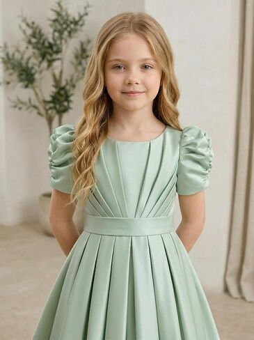 Puff Sleeve Flower Girl Dresses Wedding Satin Princess Pageant Dress Bow-Knot Midi Length First Communion Dress in Kuwait