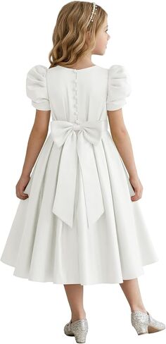 Puff Sleeve Flower Girl Dresses Wedding Satin Princess Pageant Dress Bow-Knot Midi Length First Communion Dress in Kuwait