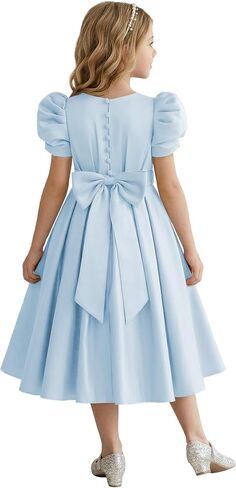 Puff Sleeve Flower Girl Dresses Wedding Satin Princess Pageant Dress Bow-Knot Midi Length First Communion Dress in Kuwait
