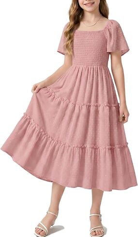 NEW 6-14 Years Girls Dress Swiss Dot Smocked Flutter Sleeve Tiered Maxi Wedding Guest Party Summer Sundress in Kuwait