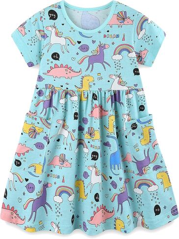 Bumeex Girl's Dresses Cotton Sleeve A-Line Cute Midi Casual Sundress in Kuwait