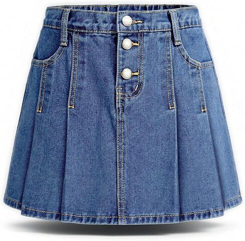 YesFashion Girl's Casual Slim a-Line Pleated Blue Jean Skirt Back Elastic Waist Ruffle Short Mini Denim Skorts in Kuwait