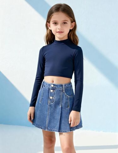 YesFashion Girl's Casual Slim a-Line Pleated Blue Jean Skirt Back Elastic Waist Ruffle Short Mini Denim Skorts in Kuwait