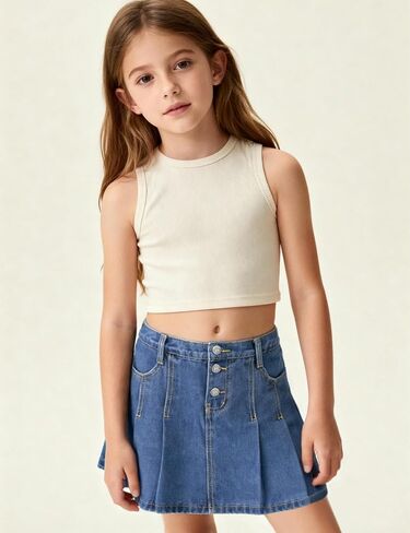 YesFashion Girl's Casual Slim a-Line Pleated Blue Jean Skirt Back Elastic Waist Ruffle Short Mini Denim Skorts in Kuwait