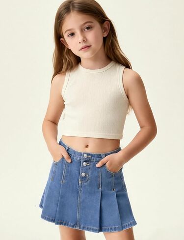 YesFashion Girl's Casual Slim a-Line Pleated Blue Jean Skirt Back Elastic Waist Ruffle Short Mini Denim Skorts in Kuwait