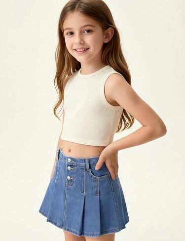 YesFashion Girl's Casual Slim a-Line Pleated Blue Jean Skirt Back Elastic Waist Ruffle Short Mini Denim Skorts in Kuwait