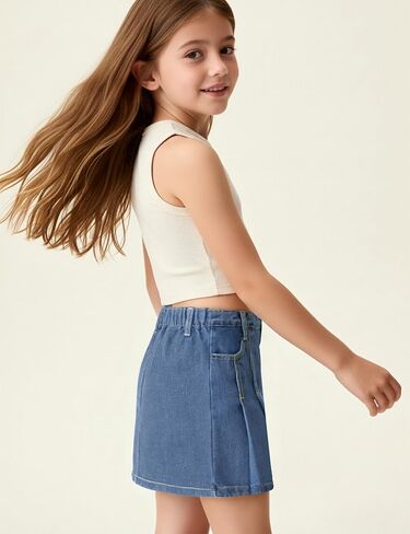 YesFashion Girl's Casual Slim a-Line Pleated Blue Jean Skirt Back Elastic Waist Ruffle Short Mini Denim Skorts in Kuwait
