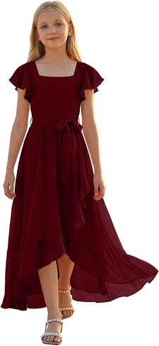 Square Neck Junior Bridesmaid Dresses for Wedding Short Sleeve Chiffon Flower Girl Dress Girls Formal Dress in Kuwait