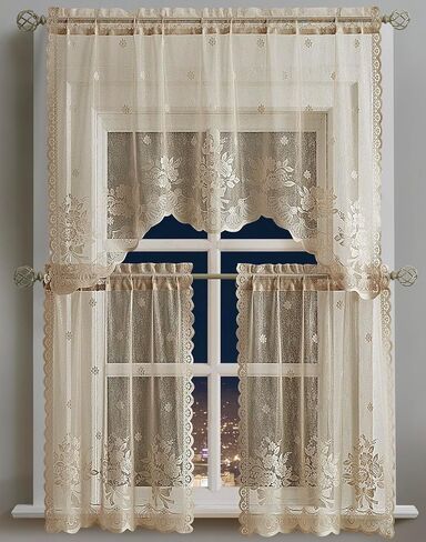 Warm Home Designs 3 Piece Gold Linen Kitchen Window Curtains Bundle Includes 2 36 Inch Tiers & Swag Valance. Roses Kitchen Curtains Set for Roses Decor. Kir Linen Set in Kuwait