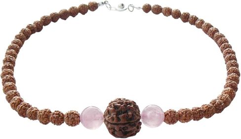 Rudraksha Necklace for Women Adi Shakti, Healing Protection Mala HANDMADE, Real 5 Mukhi Rudraksh Seed Beads Jewelry, Heart Chakra, Rose Quartz Crystals, Hindu Kundalini Yoga, Balances Emotional Health in Kuwait