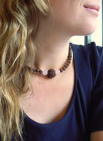 Rudraksha Necklace for Women Adi Shakti, Healing Protection Mala HANDMADE, Real 5 Mukhi Rudraksh Seed Beads Jewelry, Heart Chakra, Rose Quartz Crystals, Hindu Kundalini Yoga, Balances Emotional Health in Kuwait