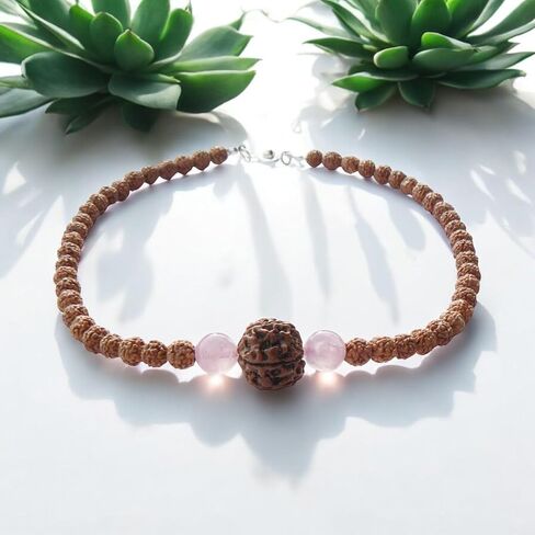 Rudraksha Necklace for Women Adi Shakti, Healing Protection Mala HANDMADE, Real 5 Mukhi Rudraksh Seed Beads Jewelry, Heart Chakra, Rose Quartz Crystals, Hindu Kundalini Yoga, Balances Emotional Health in Kuwait