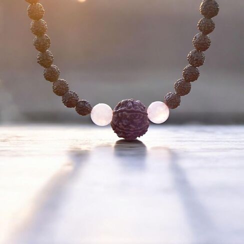 Rudraksha Necklace for Women Adi Shakti, Healing Protection Mala HANDMADE, Real 5 Mukhi Rudraksh Seed Beads Jewelry, Heart Chakra, Rose Quartz Crystals, Hindu Kundalini Yoga, Balances Emotional Health in Kuwait
