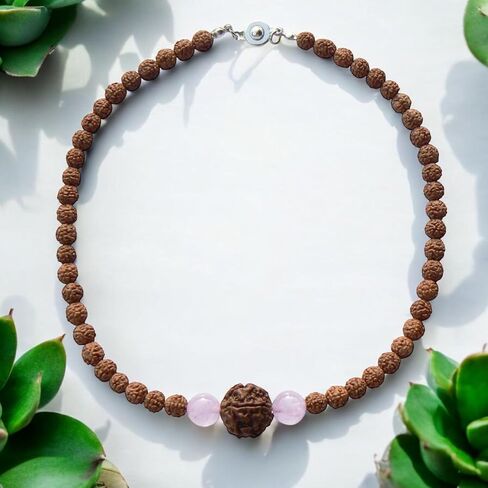 Rudraksha Necklace for Women Adi Shakti, Healing Protection Mala HANDMADE, Real 5 Mukhi Rudraksh Seed Beads Jewelry, Heart Chakra, Rose Quartz Crystals, Hindu Kundalini Yoga, Balances Emotional Health in Kuwait