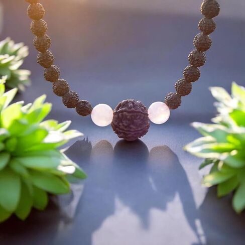 Rudraksha Necklace for Women Adi Shakti, Healing Protection Mala HANDMADE, Real 5 Mukhi Rudraksh Seed Beads Jewelry, Heart Chakra, Rose Quartz Crystals, Hindu Kundalini Yoga, Balances Emotional Health in Kuwait