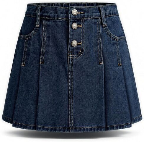 YesFashion Girl's Casual Slim a-Line Pleated Blue Jean Skirt Back Elastic Waist Ruffle Short Mini Denim Skorts in Kuwait