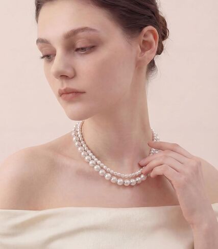 Pearl Beaded Necklaces for Women Double Strand Faux Pearls Bead Choker - Ball Clasp Layered Statement Wedding Jewelry Gifts in Saudi Arabia