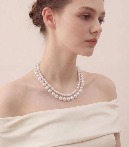 Pearl Beaded Necklaces for Women Double Strand Faux Pearls Bead Choker - Ball Clasp Layered Statement Wedding Jewelry Gifts in Saudi Arabia