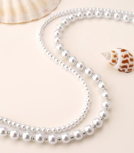 Pearl Beaded Necklaces for Women Double Strand Faux Pearls Bead Choker - Ball Clasp Layered Statement Wedding Jewelry Gifts in Saudi Arabia