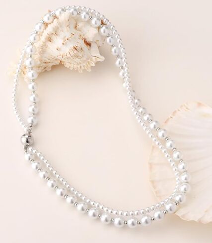 Pearl Beaded Necklaces for Women Double Strand Faux Pearls Bead Choker - Ball Clasp Layered Statement Wedding Jewelry Gifts in Saudi Arabia