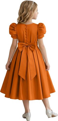 Puff Sleeve Flower Girl Dresses Wedding Satin Princess Pageant Dress Bow-Knot Midi Length First Communion Dress in Kuwait