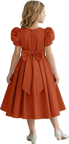 Puff Sleeve Flower Girl Dresses Wedding Satin Princess Pageant Dress Bow-Knot Midi Length First Communion Dress in Kuwait